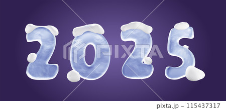 Realistic 3d figures 2025 made of ice with snow pieces. Greeting card elements 115437317