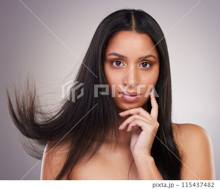 Woman, portrait and body in studio for hair care, beauty or luxury salon treatment on white background. Girl, face and confidence with healthy texture, hairstyle or growth for wellness with Brazilian Woman, portrait and body in studio for hair care, beauty or luxury salon treatment on white background. Girl, face and confidence with healthy texture, hairstyle or growth for wellness with Brazilian 115437482