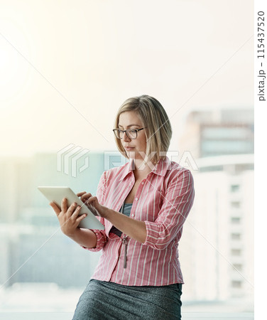 Advice, psychologist and woman with tablet in office for appointment schedule, email or calendar update. Mental health, support and therapist for review notes, treatment plan or client diagnosis 115437520