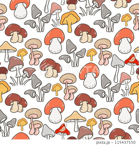 Autumn seamless pattern with different edible and poisonous mushrooms 115437550