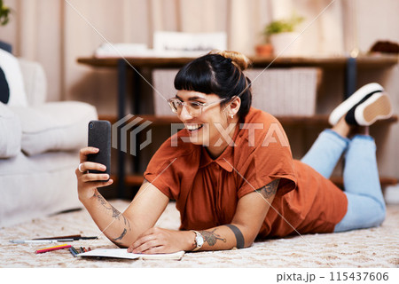 Home floor, selfie and woman with phone for social media app, creative drawing and post for sketch project. Mobile, art influencer and excited girl on carpet with picture or live streaming for blog Home floor, selfie and woman with phone for social media app, creative drawing and post for sketch project. Mobile, art influencer and excited girl on carpet with picture or live streaming for blog 115437606