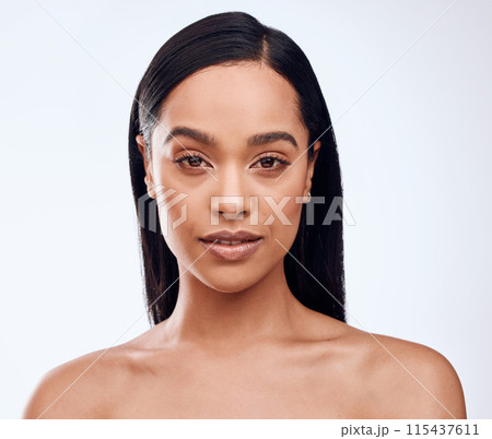 Beauty, skin and portrait of woman in studio for cosmetics, luxury makeup or facial glow on white background. Salon, aesthetic and model with confidence for natural, satisfaction or cosmetology 115437611