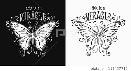 Mysterious label with fantasy butterfly with curled antennae, stretched wings, text. Art Nouveau style. Black and white illustration in vintage style. 115437713