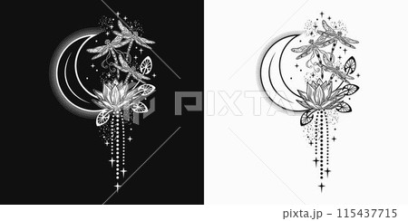 Vertical black and white celestial composition with lotus flower, flying fantasy dragonflies, moon crescent, stars. Mysterious, mystical concept. Vintage style. Vertical black and white celestial composition with lotus flower, flying fantasy dragonflies, moon crescent, stars. Mysterious, mystical concept. Vintage style. 115437715