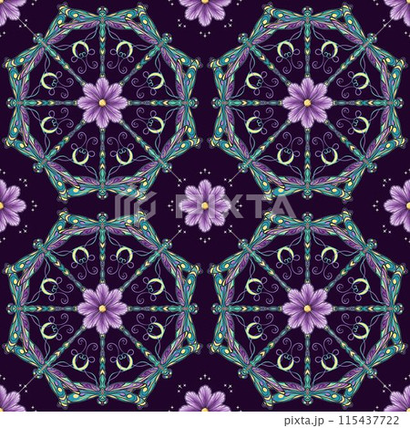 Seamless pattern with circular ornament like mandala with chamomile flower in center, fantasy colored dragonfly with curled antennae. Geometric background. Art Nouveau style. Seamless pattern with circular ornament like mandala with chamomile flower in center, fantasy colored dragonfly with curled antennae. Geometric background. Art Nouveau style. 115437722