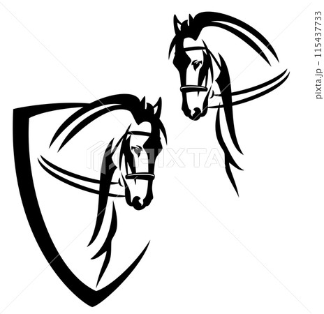 horse head with harness inside simple black and white heraldic shield vector design set horse head with harness inside simple black and white heraldic shield vector design set 115437733
