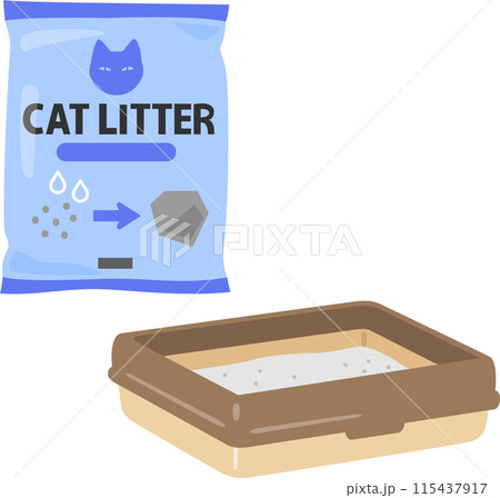 鉱物系の猫砂のパッケージと猫のトイレ 115437917