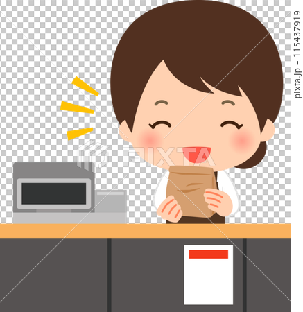 Female cashier holding items in a paper bag 115437919