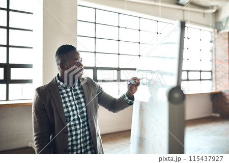 Board, black man or speaker in presentation for teaching, SWOT analysis or skill development in meeting. Writing, business workshop or leader talking for training, coaching or learning opportunity 115437927