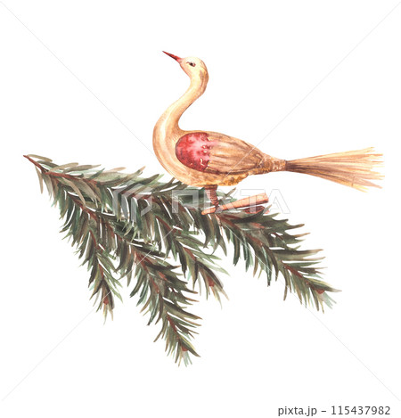 Glass bird retro toy on Christmas tree branch. Red, gold vintage Xmas toy, New year holiday. Winter fir branch deco. Watercolor painted illustration for greeting invitation card on isolated background 115437982