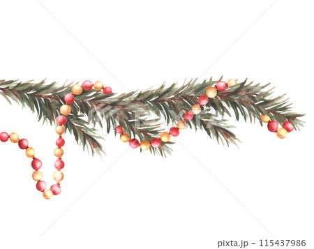 Garland on Christmas tree branch. Red, gold vintage Xmas toy, New year holiday celebrating. Winter fir branch. Watercolor hand drawn illustration for greeting, invitation card on isolated background. 115437986
