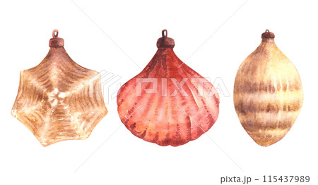 Christmas tree toy set. Red and gold vintage pine cone, seashell and stars form toys. Watercolor glass xmas decoration or New year old decor. Hand drawn illustration Clipart on isolated background. Christmas tree toy set. Red and gold vintage pine cone, seashell and stars form toys. Watercolor glass xmas decoration or New year old decor. Hand drawn illustration Clipart on isolated background. 115437989