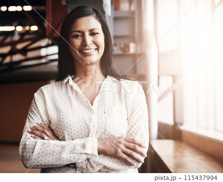 Smile, crossed arms and portrait of business woman in office with confidence for creative career. Happy, pride and professional female designer with positive attitude for startup company in Colombia. Smile, crossed arms and portrait of business woman in office with confidence for creative career. Happy, pride and professional female designer with positive attitude for startup company in Colombia. 115437994