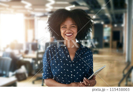 Office, smile and portrait of black woman with tablet for web design, communication or development. Happy, employee and designer at creative agency with tech for online network, connection or ux plan Office, smile and portrait of black woman with tablet for web design, communication or development. Happy, employee and designer at creative agency with tech for online network, connection or ux plan 115438003