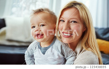 Portrait, baby and mother in house with hug or happiness for motherhood, growth or wellness of child. Toddler, woman and smile in home for care, support and bonding together with love and relax 115438035