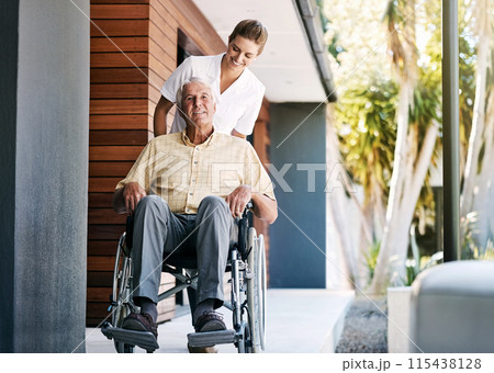 Elderly, man and caregiver outside with wheelchair, wellness and person with disability for healthcare service. Retirement, nursing home and support or professional nurse, happy and people together Elderly, man and caregiver outside with wheelchair, wellness and person with disability for healthcare service. Retirement, nursing home and support or professional nurse, happy and people together 115438128
