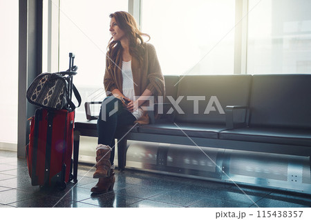 Airport, waiting room and woman with luggage, phone and smile to travel for holiday and break in USA. Tourist, relax and happy for vacation in California, mobile and suitcase in lobby, trip and delay Airport, waiting room and woman with luggage, phone and smile to travel for holiday and break in USA. Tourist, relax and happy for vacation in California, mobile and suitcase in lobby, trip and delay 115438357