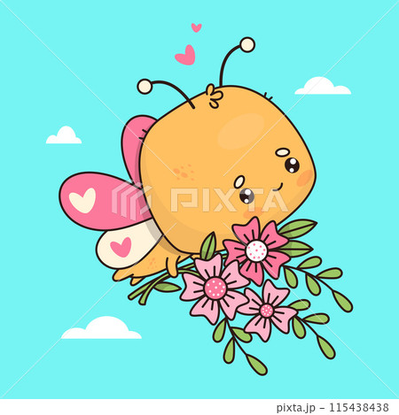 Cute butterfly in love flies with bouquet of flowers. Funny cartoon insect kawaii character. Vector illustration. Kids collection. Cute butterfly in love flies with bouquet of flowers. Funny cartoon insect kawaii character. Vector illustration. Kids collection. 115438438