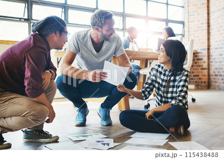 Meeting, discussion and business people with documents in office for growth, graphs or statistics. Photography agency, diversity and employees on floor for collaboration, planning or project budget Meeting, discussion and business people with documents in office for growth, graphs or statistics. Photography agency, diversity and employees on floor for collaboration, planning or project budget 115438488