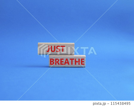 Just Breathe symbol. Wooden blocks with words Just Breathe. Beautiful blue background. Business and Just Breathe concept. Copy space. 115438495