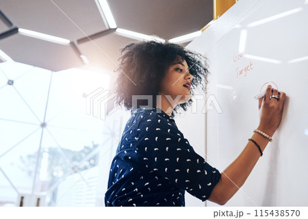 Woman, writing and brainstorming in office with whiteboard, target and goals with pen for professional strategy. Thinking, ideas and business vision with employee, working and problem solving Woman, writing and brainstorming in office with whiteboard, target and goals with pen for professional strategy. Thinking, ideas and business vision with employee, working and problem solving 115438570