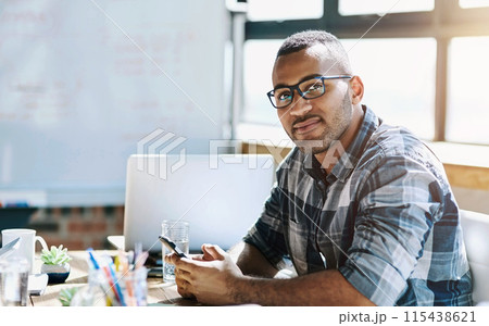 Portrait, smile and man at creative presentation, project management and planning in workshop. Confidence, meeting room and designer at tech startup for growth, development or opportunity in office. 115438621