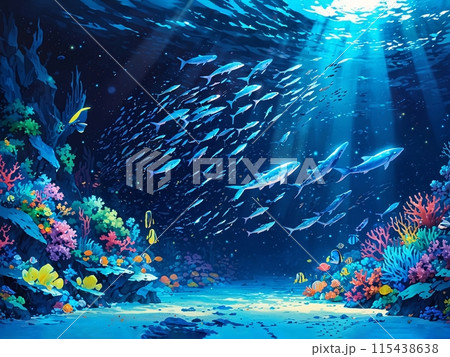 色とりどりの魚が泳ぐ幻想的な海の中の風景-4 [AI生成・プロ仕上げ]の