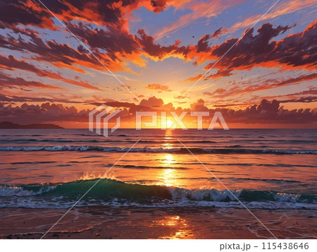 夕焼けの海のイラスト [AI生成・プロ仕上げ]のイラスト素材 [115438646