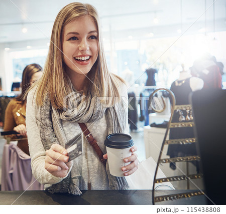 Woman, happy customer and payment with credit card, shopping checkout and fashion sale. Counter, clothing bag and purchase from boutique, buy designer brand at retail store and smile for discount 115438808