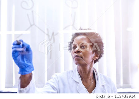 Woman, science and writing on glass in lab, chemistry and equation or medical research with mature African employee. Medicine, problem solving and innovation for life extension drug and development Woman, science and writing on glass in lab, chemistry and equation or medical research with mature African employee. Medicine, problem solving and innovation for life extension drug and development 115438914