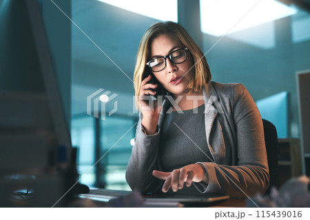 Night, businesswoman and phone call in office with tablet, case information and talking with contact. Professional, female attorney and tech for corporate firm, legal service and labor law employee 115439016