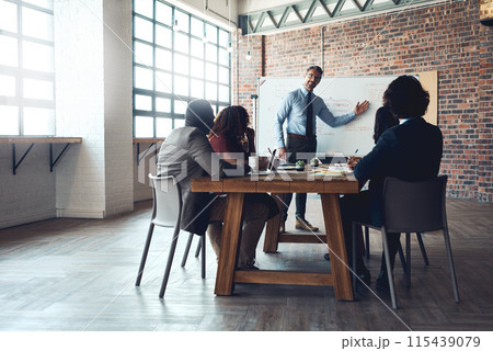 Board, man or speaker in presentation for teaching, SWOT analysis or marketing strategy in meeting. People, business workshop and leader talking in team training, coaching or learning opportunity 115439079