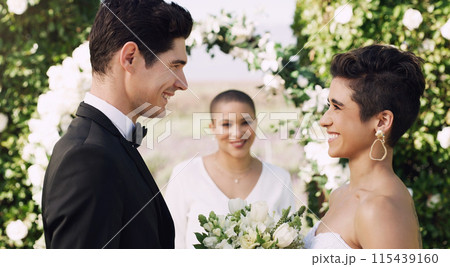 Couple, marriage and wedding with flowers, vows and love for future, commitment and celebration. Bride, man and smile together with minister, happiness and bouquet for union, event and ceremony Couple, marriage and wedding with flowers, vows and love for future, commitment and celebration. Bride, man and smile together with minister, happiness and bouquet for union, event and ceremony 115439160