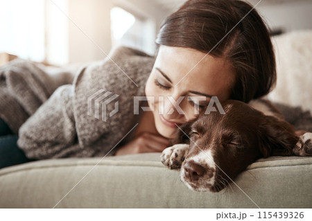 Love, couch and woman with dog, relax and comfortable in lounge, sleeping and break in weekend and house. Home, girl and animal on sofa, rest and hug for bonding, pet and person in living room 115439326