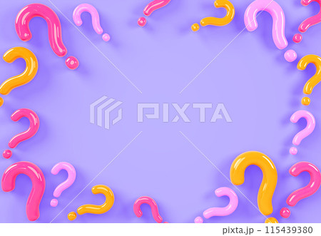 3d color question marks frame on purple render background. Concept of school education, questionnaire or quiz. Banner template with border of ask sign symbols and empty space for text. 3D illustration 3d color question marks frame on purple render background. Concept of school education, questionnaire or quiz. Banner template with border of ask sign symbols and empty space for text. 3D illustration 115439380