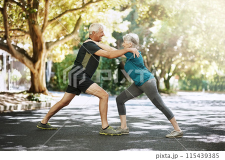 Outdoor, stretching and senior couple with balance, fitness and workout with sunshine, challenge and wellness. People in park, old man and mature woman with training, summer and cardio with health Outdoor, stretching and senior couple with balance, fitness and workout with sunshine, challenge and wellness. People in park, old man and mature woman with training, summer and cardio with health 115439385