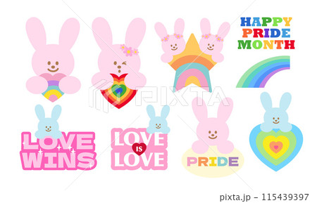 Happy Pride Month with Bunny and rainbow elements for logo, icon, sticker, tattoo, pet, vet, pet shop, decorations, shirt print, love sign, symbol, plush toy, dolls, cartoon, character, comic, mascot Happy Pride Month with Bunny and rainbow elements for logo, icon, sticker, tattoo, pet, vet, pet shop, decorations, shirt print, love sign, symbol, plush toy, dolls, cartoon, character, comic, mascot 115439397