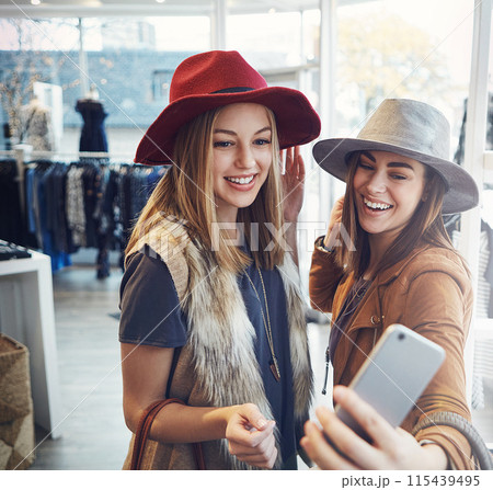 Friends, selfie and social media with women, shopping date and happiness together with retail, sale and discount at mall. Happy, photograph and memory for smile, customer and urban boutique shop 115439495