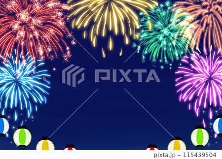 夏祭り　花火と提灯　フレーム背景 115439504