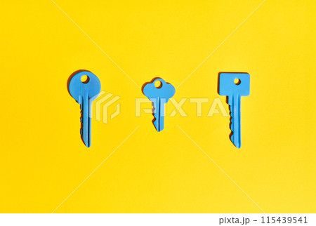 Blue keys on vibrant yellow background Blue keys on vibrant yellow background 115439541