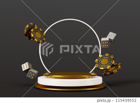 3d casino winner display podium with golden poker vip chips and dice render banner. Luxury circle game platform with falling gold and black gambling tokens, cubes on dark background. 3D illustration 3d casino winner display podium with golden poker vip chips and dice render banner. Luxury circle game platform with falling gold and black gambling tokens, cubes on dark background. 3D illustration 115439552