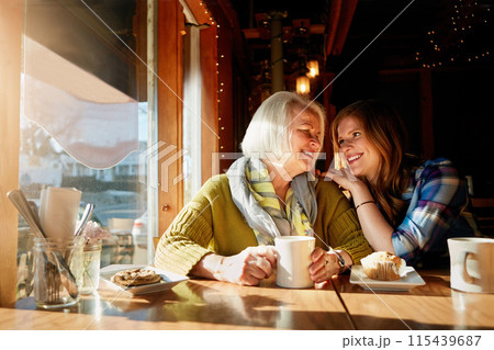Daughter, happy and senior woman with laughing in cafe for memories or bonding with relax. Restaurant, coffee shop and discussion with people, conversation and smiling family with love in Paris. 115439687