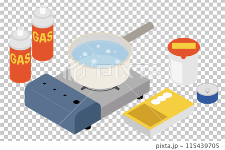Illustration of boiling water on a portable stove Illustration of boiling water on a portable stove 115439705
