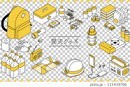 防災グッズのアイソメトリックイラストセット 115439706