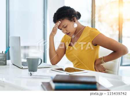 Headache, laptop and woman in office, exhausted with 404 error, back pain or web problem stress. Frustrated, fatigue and tired girl with burnout, anxiety or deadline for time management crisis 115439742