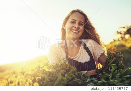 Farmer, planting or harvest vegetables in portrait laugh outdoor for gardening, sustainability or vegan nutrition. Woman, agriculture and nursery for flower growth, healthy food or environmental care Farmer, planting or harvest vegetables in portrait laugh outdoor for gardening, sustainability or vegan nutrition. Woman, agriculture and nursery for flower growth, healthy food or environmental care 115439757