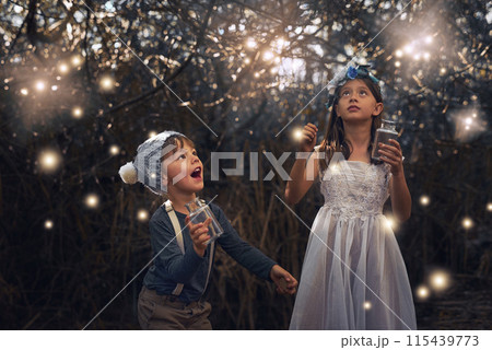 Fireflies, jar and outdoor in nature at evening time with glow, shine and children playing in forest. Girl, boy and happy in woods as siblings with fantasy for unique mystical fairy and magic light 115439773