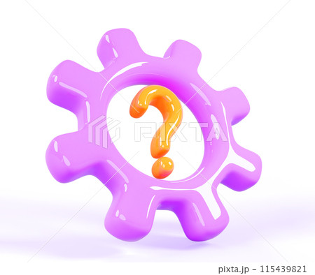 3d purple engine gear with yellow question mark on white background. Isolated render icon of cogwheel mechanism with ask or doubt sign. Efficient solution business problem, technology. 3D illustration 115439821
