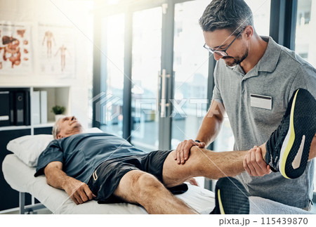 Physiotherapist, senior man and stretching leg for knee pain, medical and consultant with injury support. Consultation, chiropractor and physical therapy with rehabilitation and care in doctor office 115439870