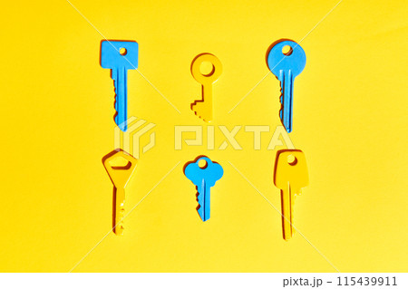 Various colorful keys on vibrant yellow background Various colorful keys on vibrant yellow background 115439911